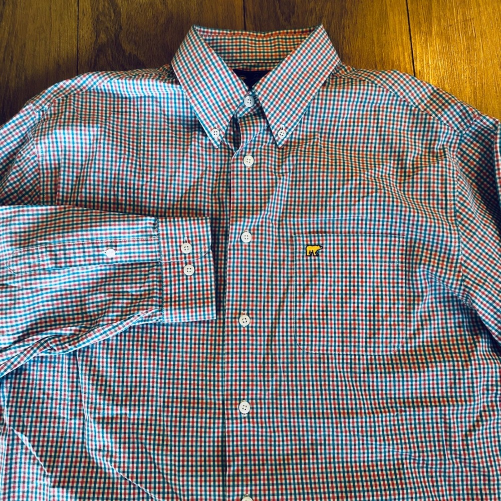 Jack Nicklaus Mens Gingham Check Button Down Shirt Red Blue Golden Bear Logo M